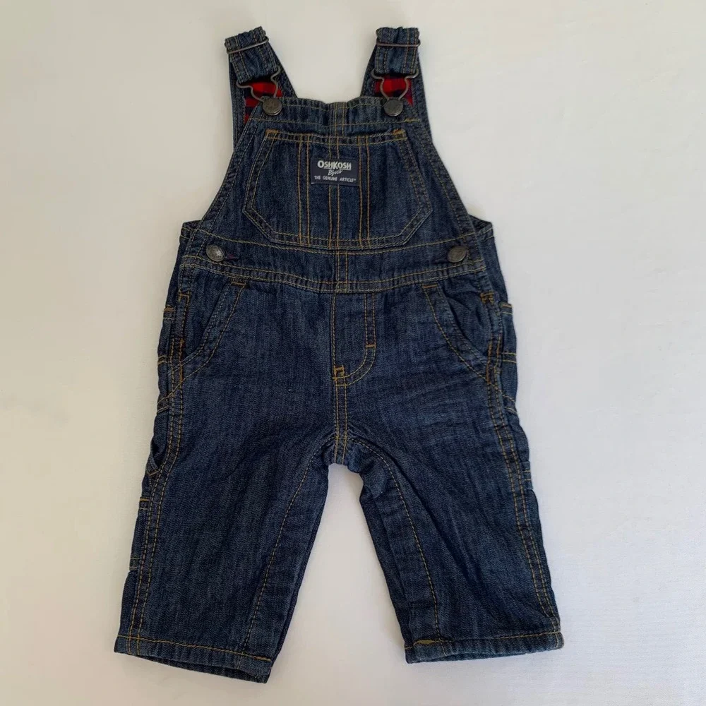 OshKosh Bgosh Denim Carpenter Overalls Baby‎ 3M Dark Wash Flannel Lined Plaid